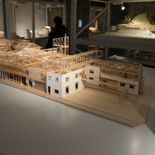 ?shima Sh?tar?, 1:50 model, Higashimuk?jima Mansion<br>Archi-Depot, Tokyo, 2017<br>“The existing buildings, located in the Sumida-ku region in Tokyo, were used as a brothel until the 1950s. The renovation project examined cognitive diversion from the dark post-war’s remnant to the potential living space, highlighting the unique collaboration of the decorative western-like facade and traditional timber frame. Additional new timber frame and extensions of the original structures allows fourteen existing buildings to merge into a united large mansion. The project of Higashimukojima Mansion aims at reinterpreting the buildings within the modern context as a symbolic architecture that reveal the historical narrative.”