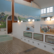 Kodakara-yu Public Bathhouse, Edo-Tokyo Open Air Architectural Museum (relocated from Adachi Ward, Tokyo). "This is a typical Tokyo public bath. It has luxurious features such as a large Chinese-style gable like those used for temples and shrines, carvings of the seven gods of good luck above the entrance, and a lattice ceiling in the dressing room. [Senju-motomachi, Adachi Ward, 1929]"