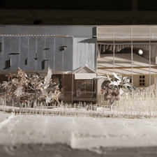 Masayuki Irie (????), 1:50 model, Souseki Sanb? Memorial (???????????) (2017)<br>Archi-Depot, Tokyo, 2017<br>“The facility’s main façade is on the South, along \[…] Soseki Sanbo avenue. The structure was made for the reconstruction plan of Soseki Sanbo, Natsume Soseki’s House. By treating its concrete frame and the cylinders of the exhibition rooms with equal importance as the existing townscape and the plants of Soseki, we tried to embody the delicate fictional world that Soseki created from the quotidian in the structure.”