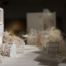 Masayuki Irie (????), 1:50 model, Souseki Sanb? Memorial (???????????) (2017)<br>Archi-Depot, Tokyo, 2017<br>“The facility’s main façade is on the South, along \[…] Soseki Sanbo avenue. The structure was made for the reconstruction plan of Soseki Sanbo, Natsume Soseki’s House. By treating its concrete frame and the cylinders of the exhibition rooms with equal importance as the existing townscape and the plants of Soseki, we tried to embody the delicate fictional world that Soseki created from the quotidian in the structure.”