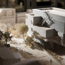 Masayuki Irie (????), 1:50 model, Souseki Sanb? Memorial (???????????) (2017)<br>Archi-Depot, Tokyo, 2017<br>“The facility’s main façade is on the South, along \[…] Soseki Sanbo avenue. The structure was made for the reconstruction plan of Soseki Sanbo, Natsume Soseki’s House. By treating its concrete frame and the cylinders of the exhibition rooms with equal importance as the existing townscape and the plants of Soseki, we tried to embody the delicate fictional world that Soseki created from the quotidian in the structure.”