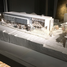 Masayuki Irie (????), 1:50 model, Souseki Sanb? Memorial (???????????) (2017)<br>Archi-Depot, Tokyo, 2017<br>“The facility’s main façade is on the South, along \[…] Soseki Sanbo avenue. The structure was made for the reconstruction plan of Soseki Sanbo, Natsume Soseki’s House. By treating its concrete frame and the cylinders of the exhibition rooms with equal importance as the existing townscape and the plants of Soseki, we tried to embody the delicate fictional world that Soseki created from the quotidian in the structure.”